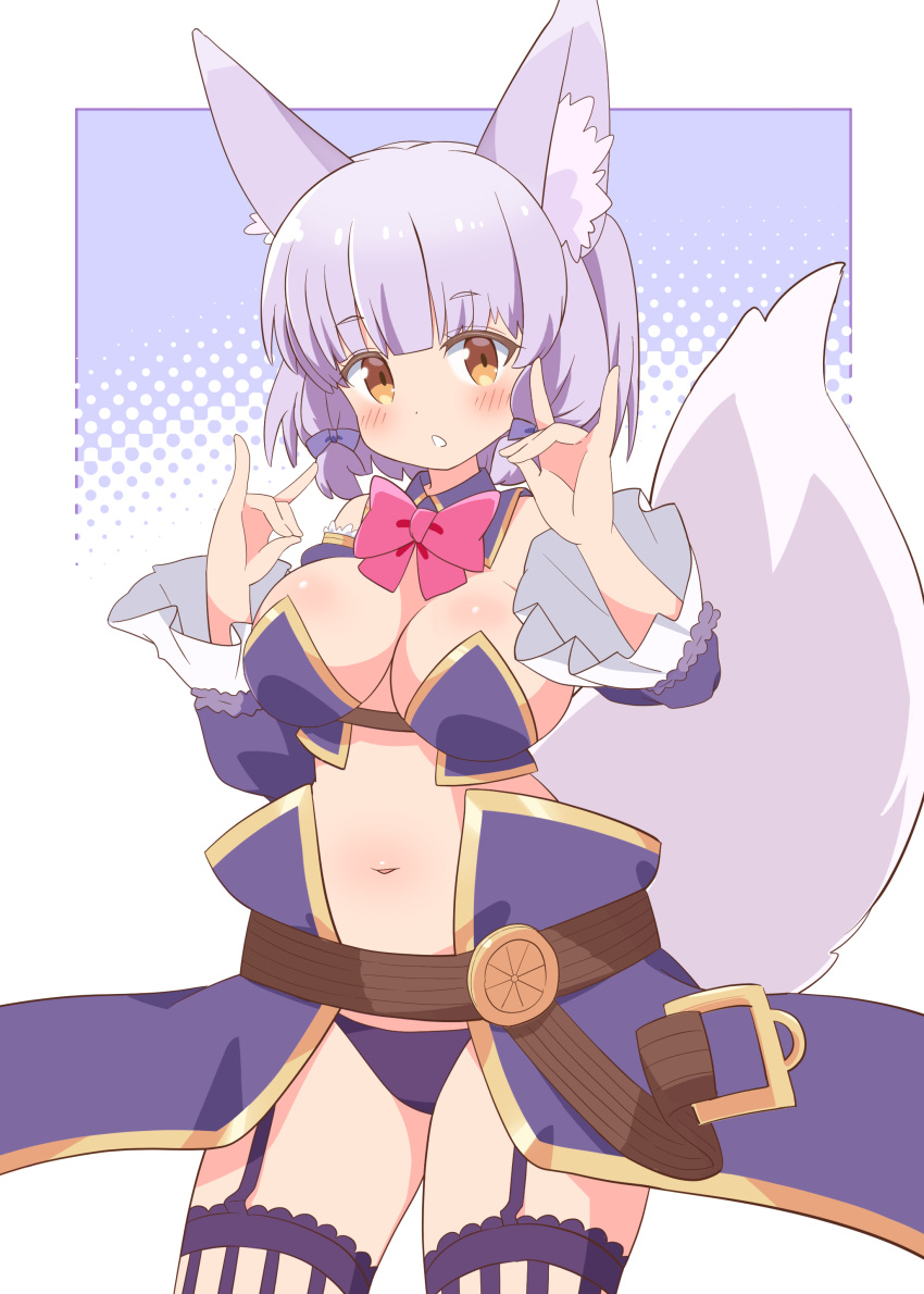 1girl absurdres animal_ear_fluff animal_ears blush bow breasts cleavage commentary_request cosplay cowboy_shot crisis_management_form_(machimazo) detached_collar detached_sleeves double_fox_shadow_puppet fox_ears fox_girl fox_shadow_puppet fox_tail frilled_sleeves frills garter_belt grey_hair hands_up highres large_breasts long_hair looking_at_viewer machikado_mazoku navel panties parted_lips pink_bow pon_sugar purple_background purple_hair purple_panties riko_(machikado_mazoku) simple_background solo standing tail thighs underwear white_background wide_sleeves yellow_eyes yoshida_yuuko_(machikado_mazoku) yoshida_yuuko_(machikado_mazoku)_(cosplay)