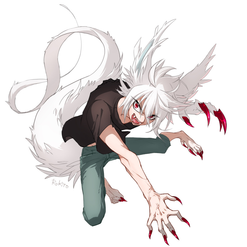 1boy androgynous animal_ears animal_hands artist_name black_shirt claws full_body green_pants highres long_tail looking_at_viewer male_focus midriff_peek monster_boy open_mouth original pants red_eyes rokito sharp_teeth shirt short_hair short_sleeves simple_background slit_pupils solo tail teeth white_background white_fur white_hair