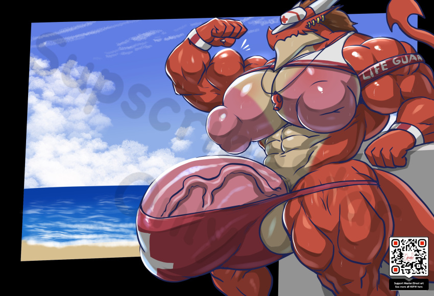 5_fingers abs anthro areola balls beach biceps big_muscles big_penis biped countershade_face countershade_torso countershading dragon fingers genitals hi_res horn huge_muscles huge_penis hyper hyper_genitalia hyper_muscles hyper_nipples hyper_penis male masterelrest muscular muscular_anthro muscular_male nipples pecs penis qr_code quads red_body seaside solo tail vein veiny_penis