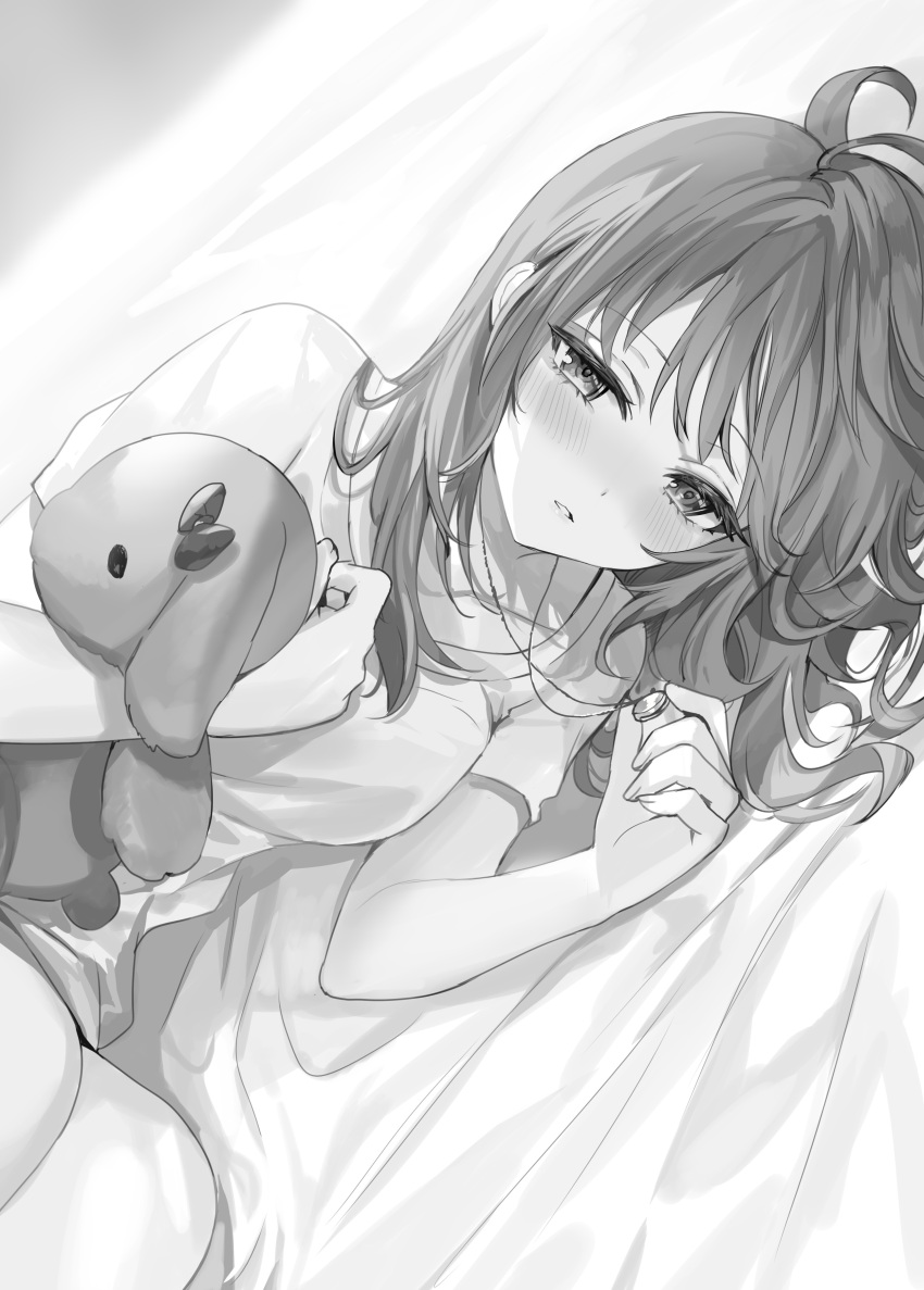 1girl absurdres ahoge bare_legs bed bed_sheet blush breasts collarbone commentary_request embarrassed feet_out_of_frame greyscale hair_between_eyes hair_intakes hair_over_shoulder half-closed_eyes head_tilt highres holding holding_jewelry holding_necklace holding_stuffed_toy indoors jewelry legs_together looking_at_viewer lying mariya_mikhailovna_kujou messy_hair momoko_(momopoco) monochrome necklace novel_illustration official_art on_side parted_lips pendant shirt short_shorts shorts solo stuffed_animal stuffed_toy swept_bangs tokidoki_bosotto_roshia-go_de_dereru_tonari_no_arya-san