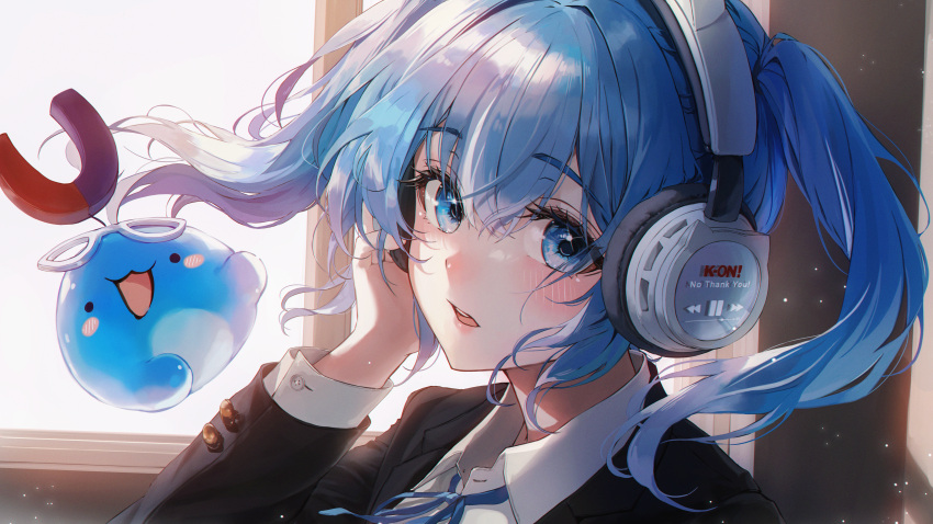 1girl absurdres arahashi_tabi bbeedol black_jacket blazer blue_eyes blue_hair blue_ribbon blush collared_shirt english_text hair_between_eyes headphones highres indoors jacket korean_commentary long_hair long_sleeves looking_at_viewer neck_ribbon open_mouth ribbon shirt sidelocks stellive twintails upper_body virtual_youtuber white_shirt window