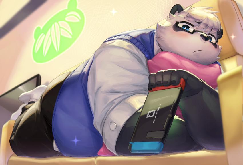 2023 absurd_res anthro bear belly big_belly black_body black_nose blush bottomwear clothing detailed_background eyewear furniture giant_panda glasses hi_res inside kemono male mammal nintendo nintendo_switch nion overweight overweight_male pants sasayama_akira shirt sofa solo television topwear vtuber white_body