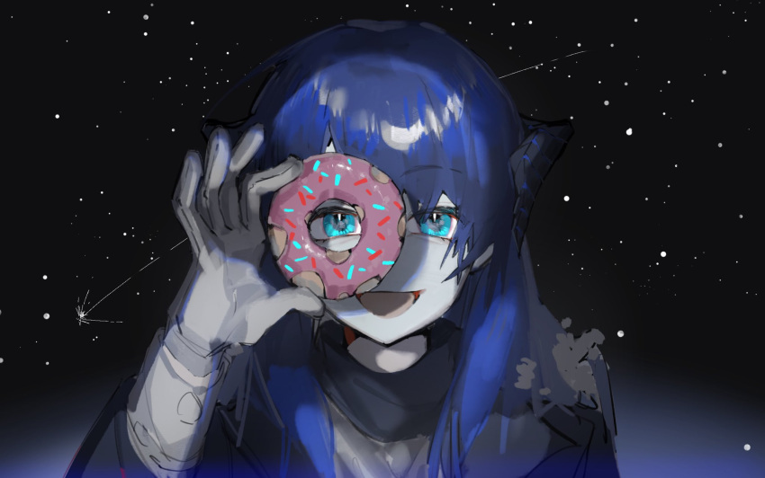 1girl aqua_eyes arknights blue_hair colored_skin demon_horns doughnut fishdusking food food_bite fur-trimmed_hood fur_trim gloves highres holding holding_food hood horns long_hair looking_at_viewer looking_through_doughnut mostima_(arknights) night night_sky open_mouth pale_skin shooting_star sky smile solo star_(sky) starry_sky tongue upper_body white_gloves white_skin