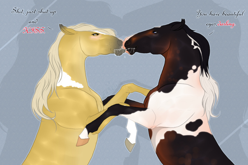 ambiguous_gender black_mane blonde_mane blue_eyes bodily_fluids brown_body drooling duo english_text equid equine eyelashes feral glistening glistening_eyes hi_res horse huskii-s mammal mane mouth_closed saliva side_view signature sloppy_kiss text white_body white_mane yellow_body yellow_eyes