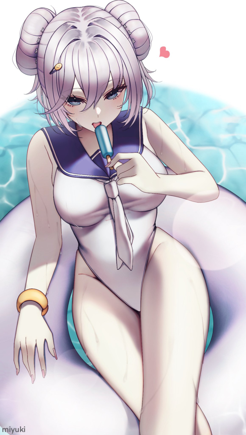 afloat azur_lane crossed_legs double_bun food grey_eyes grey_hair hair_bun heart highres holding_popsicle innertube jade_(a_lick_of_summer)_(azur_lane) jade_(azur_lane) miyuki_(9029009) official_alternate_costume one-piece_swimsuit pool popsicle sailor_collar sitting solo swimsuit white_one-piece_swimsuit