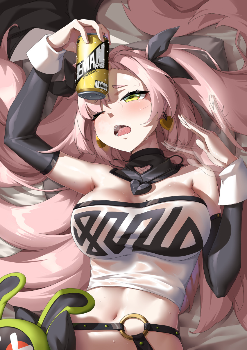 1girl absurdres arm_up black_ribbon blush breasts detached_sleeves green_eyes hair_ribbon hand_up head_tilt highres large_breasts long_hair long_sleeves midriff navel nicole_demara one_eye_closed open_mouth pink_hair ribbon solo stomach strapless tube_top two_side_up upper_body very_long_hair yan_(unicorn404) zenless_zone_zero