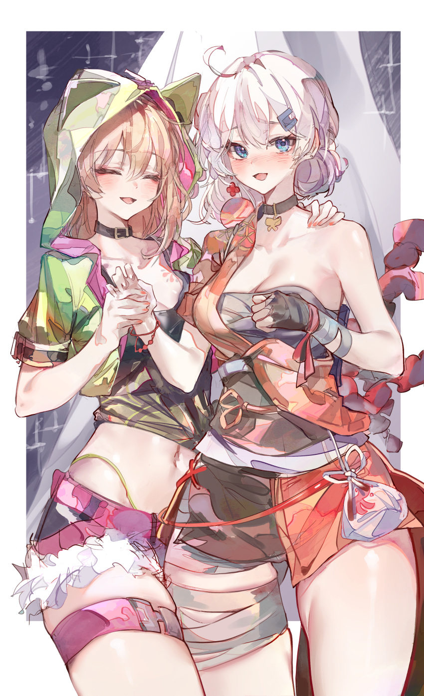 2girls absurdres bandages bare_shoulders blonde_hair blue_eyes border breasts chest_tattoo choker closed_eyes cocoballking commission cosplay costume_switch genshin_impact green_hood hair_between_eyes hair_ornament highres honkai_(series) honkai_impact_3rd hood hooded_jacket jacket japanese_clothes kiana_kaslana kimono long_hair looking_at_viewer medium_breasts multiple_girls open_mouth orange_kimono pixiv_commission sarashi smile tattoo white_border white_hair yoimiya_(genshin_impact)