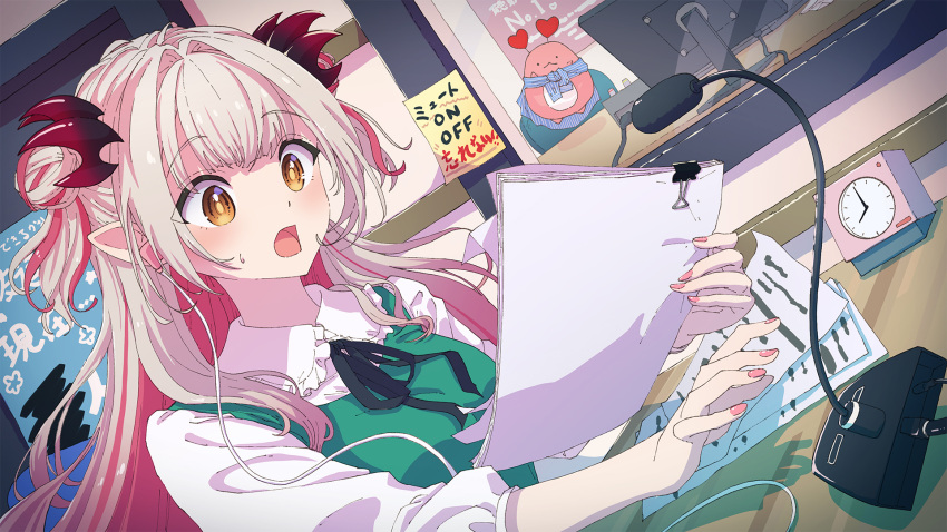 1girl black_bow black_ribbon blunt_bangs bow brown_eyes clock colored_inner_hair desk double_bun dutch_angle earbuds earphones green_vest grey_hair hair_bun highres holding holding_paper indie_virtual_youtuber kagawa_yuusaku long_hair microphone multicolored_hair nail_polish open_mouth paper pink_hair pink_nails pointy_ears ribbon shirt solo sticky_note suou_patra surprised sweatdrop upper_body vest virtual_youtuber white_shirt