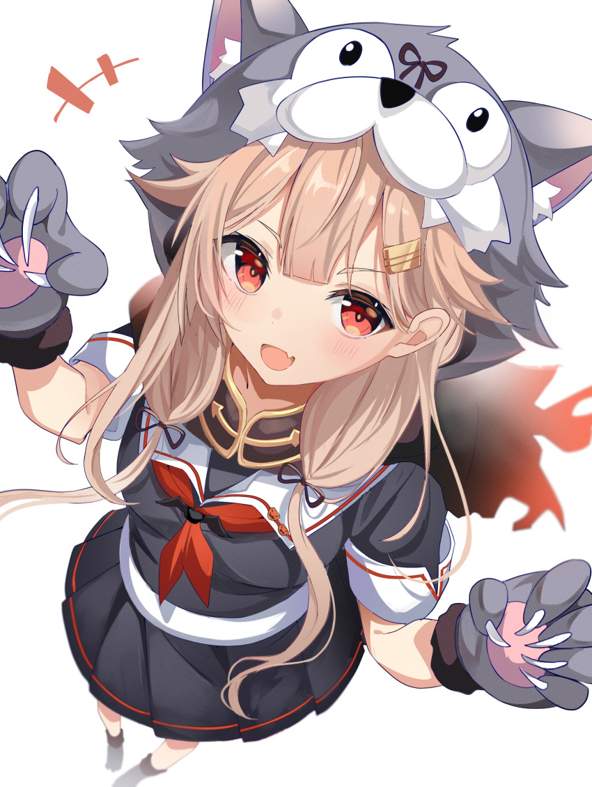 +++ 1girl absurdres animal_hands black_serafuku black_skirt blonde_hair blush breasts fang fathom from_above gloves grey_gloves hair_ornament hairclip highres kantai_collection long_hair looking_at_viewer neckerchief official_alternate_costume open_mouth paw_gloves pleated_skirt red_eyes red_neckerchief school_uniform serafuku short_sleeves simple_background skin_fang skirt small_breasts smile solo white_background wolf_paws yuudachi_(kancolle) yuudachi_kai_ni_(kancolle)