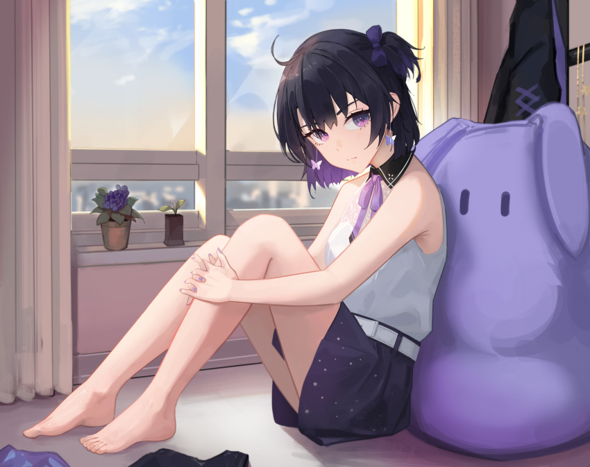 1girl absurdres bare_shoulders belt black_hair blue_bow bow butterfly_earrings colored_inner_hair deidey earrings evening feet from_side hair_bow highres hugging_own_legs indie_virtual_youtuber indoors jewelry legs looking_at_viewer miniskirt multicolored_hair multicolored_nails one_side_up plant pleated_skirt potted_plant purple_bow purple_eyes purple_hair purple_skirt shirt skirt sleeveless sleeveless_shirt solo star_(symbol) star_print virtual_youtuber weliped white_belt white_shirt window wing_collar