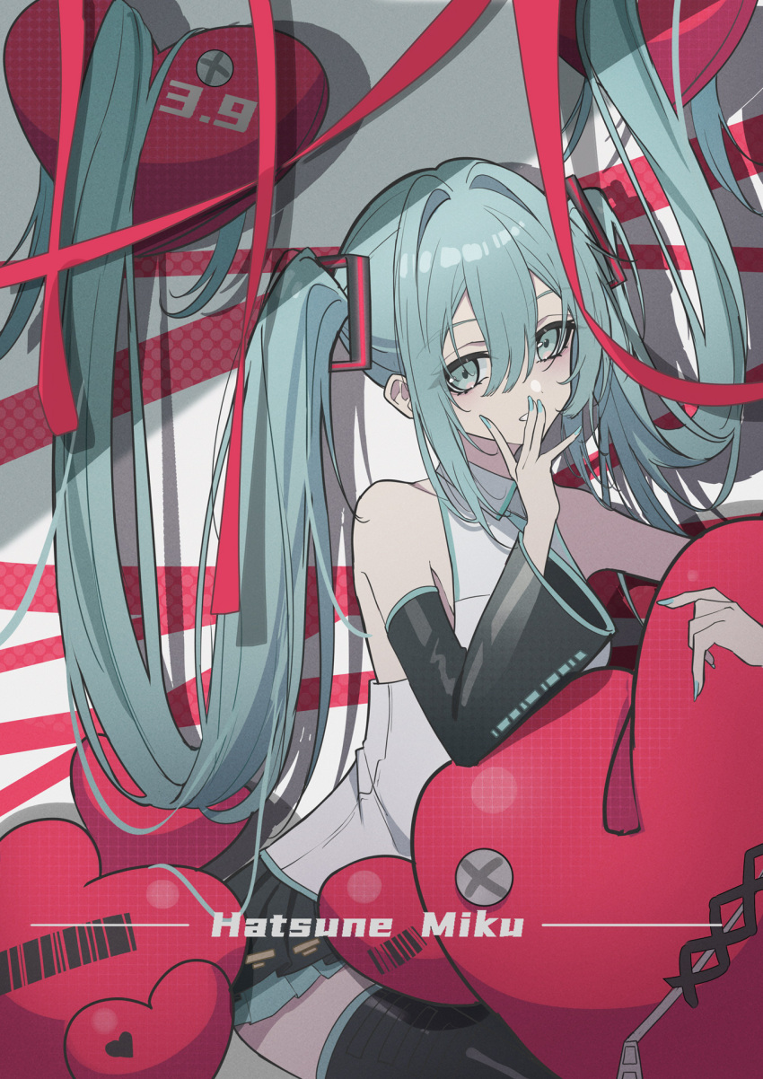 1girl bare_shoulders black_sleeves black_thighhighs blue_skirt character_name collared_shirt commentary detached_sleeves double-parted_bangs green_eyes green_nails grey_shirt hair_intakes hair_spread_out half_updo hatsune_miku head_tilt heart highres long_hair long_sleeves looking_at_viewer miniskirt nail_polish natsugou_shinogi object_hug parted_lips pleated_skirt red_ribbon ribbon shirt sidelighting simple_background skirt sleeveless sleeveless_shirt solo symbol-only_commentary thighhighs twintails very_long_hair vocaloid wide_sleeves zettai_ryouiki