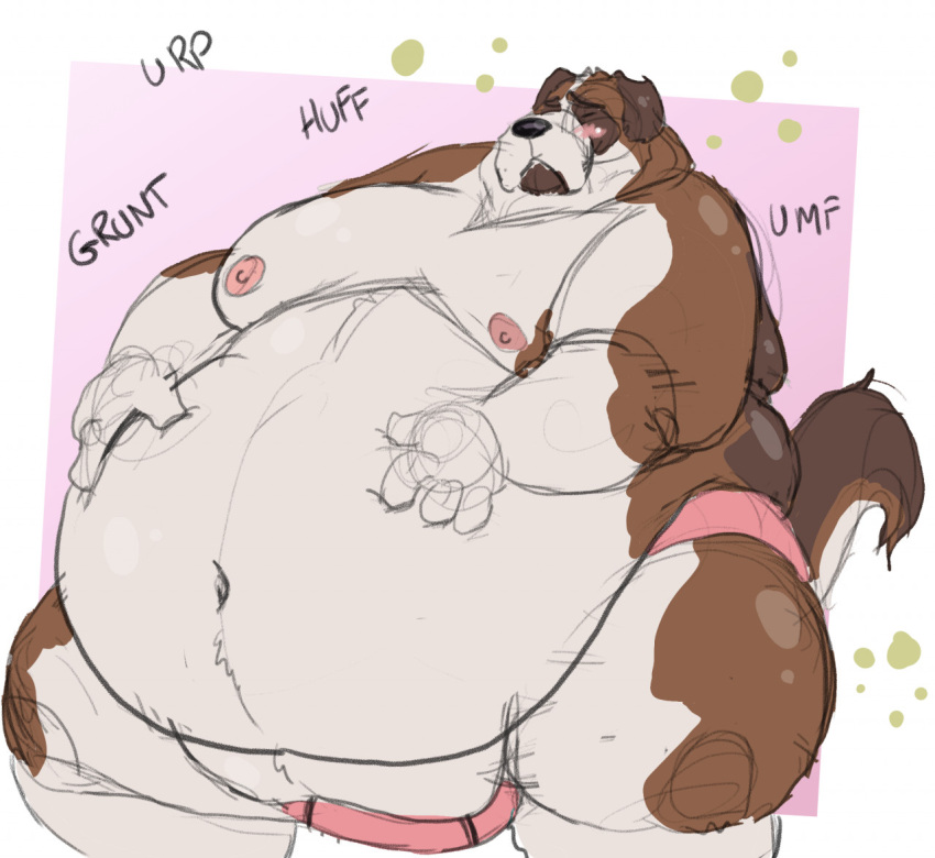 anthro belly belly_overhang belly_play belly_rub big_belly blush brown_body brown_fur bubble bulge burping canid canine canis captainjusticevirtsuoso clothed clothing domestic_dog english_text eyes_closed fupa fur hand_on_stomach justicecaptainv love_handles male mammal molosser moobs morbidly_obese morbidly_obese_anthro morbidly_obese_male mountain_dog navel nipples obese obese_anthro obese_male overweight overweight_anthro overweight_male saint_bernard solo sound_effects text thick_thighs topless underwear underwear_only wide_hips