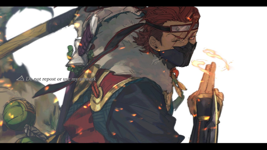 1boy 91007 embers fire_emblem fire_emblem_fates fire_emblem_heroes headband highres kuji-in male_focus official_alternate_costume one_eye_closed red_eyes red_hair saizo_(fire_emblem) saizo_(ninja)_(fire_emblem) scar scar_across_eye