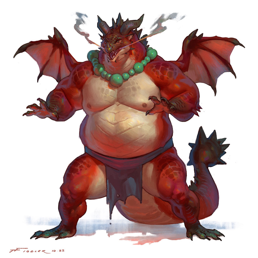 anthro belly bottomwear claws clothing collar dragon green_collar hi_res loincloth loincloth_only male muscular muscular_anthro muscular_male nipples overweight overweight_anthro overweight_male red_body red_scales scales sharp_claws sharp_teeth simple_background solo spiked_tail spikes spikes_(anatomy) steam steamy_breath tail taran_fiddler teeth were weredragon white_background white_body white_scales wings