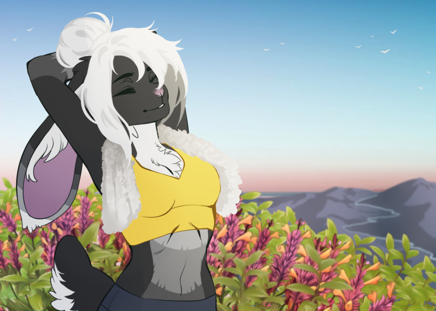 anthro arms_bent ashley_(huf13) ashrin_(artist) bottomwear bra breasts cleavage cleavage_tuft clothed clothing domestic_rabbit eyes_closed female flower gym_bottomwear gym_clothing gym_shorts hair hands_behind_head inner_ear_fluff lagomorph landscape leporid lop_rabbit mammal midriff morning nature nature_background navel oryctolagus pink_nose plant rabbit rib_cage river scut_tail short_tail shorts solo sports_bra stretching tail towel towel_around_neck tuft underwear white_hair yellow_bra yellow_clothing yellow_sports_bra yellow_underwear