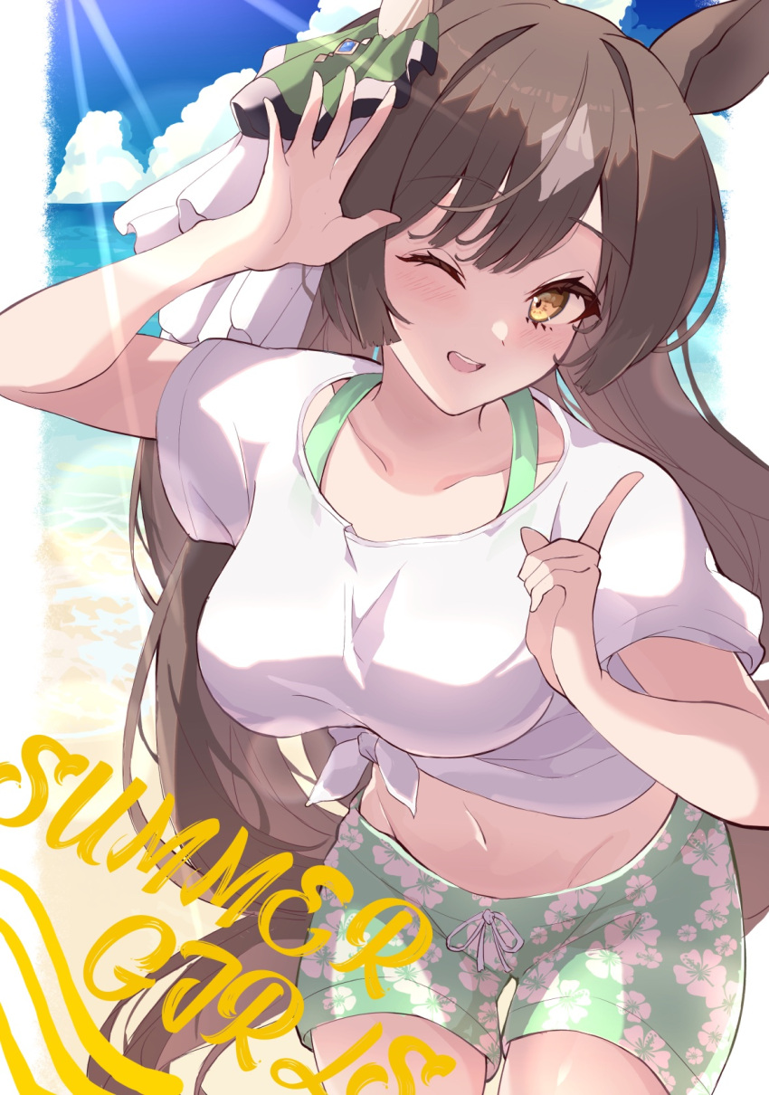 1girl ;d animal_ears blush breasts brown_eyes brown_hair collarbone ear_ornament gaze_on_me!_outfit_(umamusume) green_shorts highres horse_ears horse_girl impossible_clothes impossible_shirt index_finger_raised large_breasts long_hair looking_at_viewer male_swimwear multicolored_hair official_alternate_costume one_eye_closed ri_cochet satono_diamond_(umamusume) shirt shorts smile solo streaked_hair swim_trunks t-shirt tied_shirt umamusume white_shirt