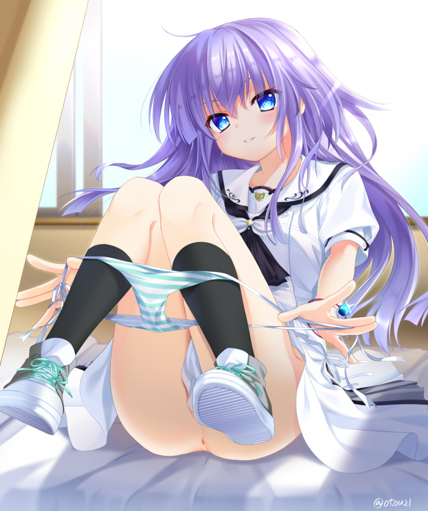 1girl \||/ anus backlighting black_neckerchief black_socks blue_eyes blush border closed_mouth commission convenient_leg eyelashes eyes_visible_through_hair floating_hair full_body hair_between_eyes hair_over_shoulder head_tilt highres indoors kneehighs knees_together_feet_apart knees_up legs legs_up light_rays long_hair looking_at_viewer miniskirt neckerchief on_bed otou_(otou_san) outline panties parted_lips puffy_short_sleeves puffy_sleeves purple_hair removing_panties sailor_collar sailor_shirt school_uniform shirt shoes short_sleeves sitting skeb_commission skirt smile smirk sneakers socks solo sorakado_ai straight_hair striped striped_panties summer_pockets thighs twitter_username underwear very_long_hair white_border white_footwear white_sailor_collar white_shirt white_skirt window