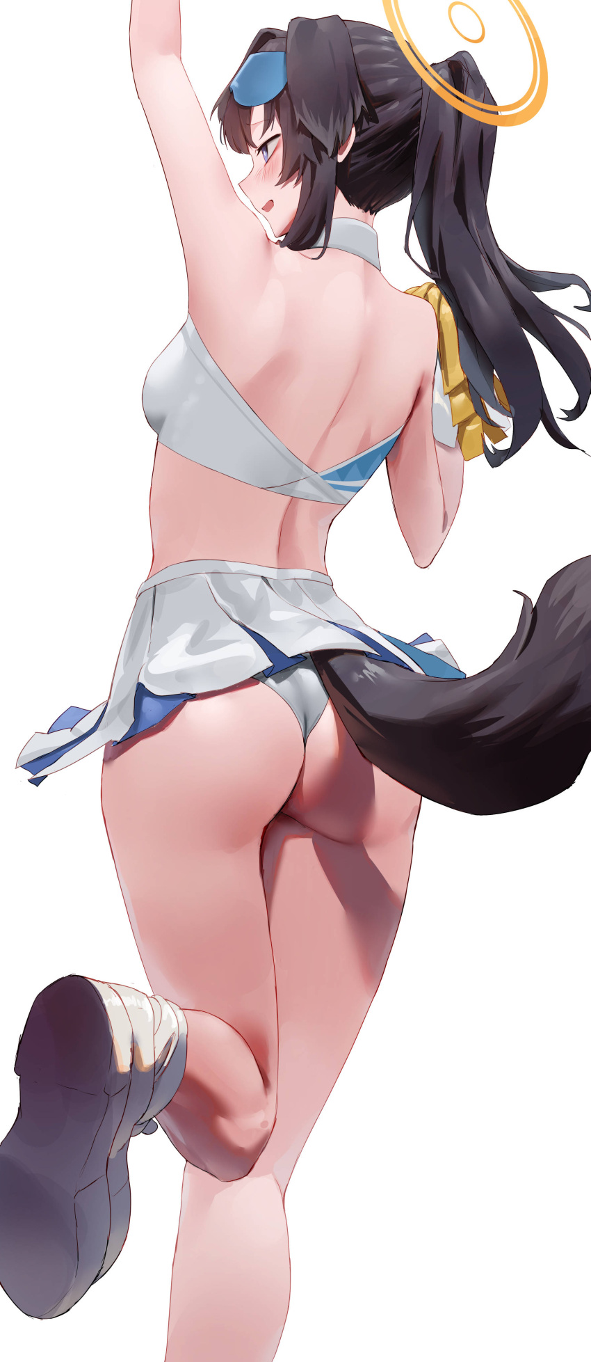 1girl absurdres animal_ears ass back bare_shoulders black_hair blue_archive blue_eyes blush breasts dog_ears dog_tail eyewear_on_head goggles halo hibiki_(blue_archive) hibiki_(cheer_squad)_(blue_archive) highres holding holding_pom_poms long_hair medium_breasts millennium_cheerleader_outfit_(blue_archive) miniskirt navel open_mouth pleated_skirt pom_pom_(cheerleading) ponytail rororo sidelocks skirt solo sports_bra tail thighs white_skirt