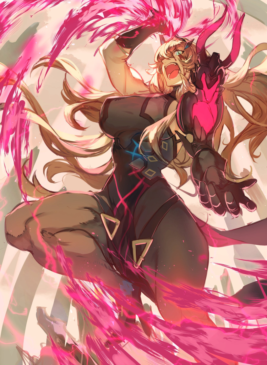 absurdres armor barghest_(second_ascension)_(fate) blonde_hair blood blood_on_face breasts fate/grand_order fate_(series) fire foreshortening gauntlets headpiece high_heels highres incoming_attack kashia large_breasts long_hair looking_at_viewer muscular muscular_female open_mouth outstretched_arm pauldrons shoulder_armor shouting sideboob single_pauldron skin_tight