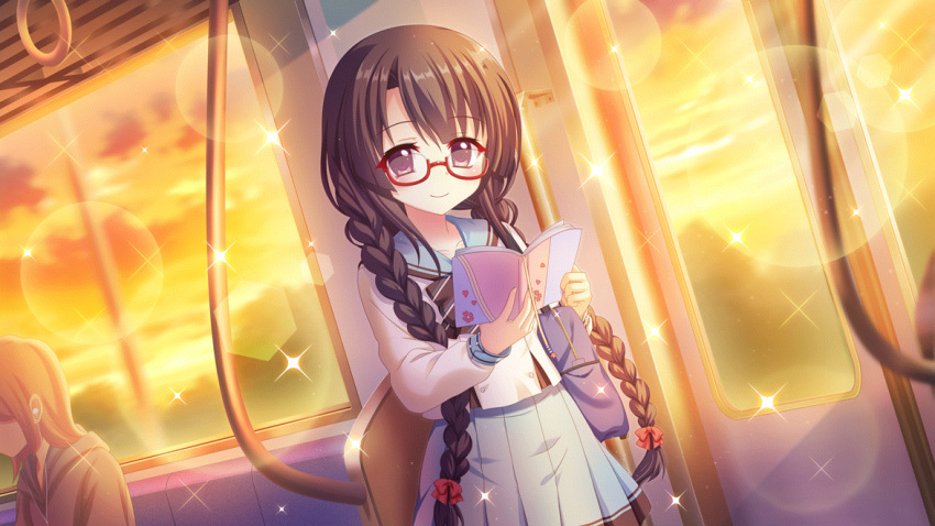 2girls black_hair blue_bag blue_sailor_collar blue_skirt book bow braid brown_hair carrying_bag closed_mouth cloud cloudy_sky dot_nose dutch_angle earbuds earphones evening film_grain game_cg glasses grey_hoodie hair_bow hand_grip holding holding_book hood hoodie ichikishima_mizuha izumi_tsubasu lens_flare long_braid long_hair looking_at_viewer marehoshi_academy_school_uniform multiple_girls non-web_source official_art open_book orange_sky purple_eyes re:stage! red-framed_eyewear red_bow sailor_collar school_uniform semi-rimless_eyewear skirt sky smile solo_focus sparkle train_interior twin_braids