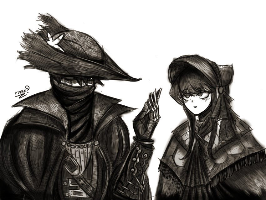 1boy 1girl black_hair bloodborne bonnet cloak cosplay from_software gloves hat highres hunter_(bloodborne) komi-san_wa_komyushou_desu komi_shouko mask monochrome mouth_mask plain_doll tadano_hitohito tricorne yyiek?