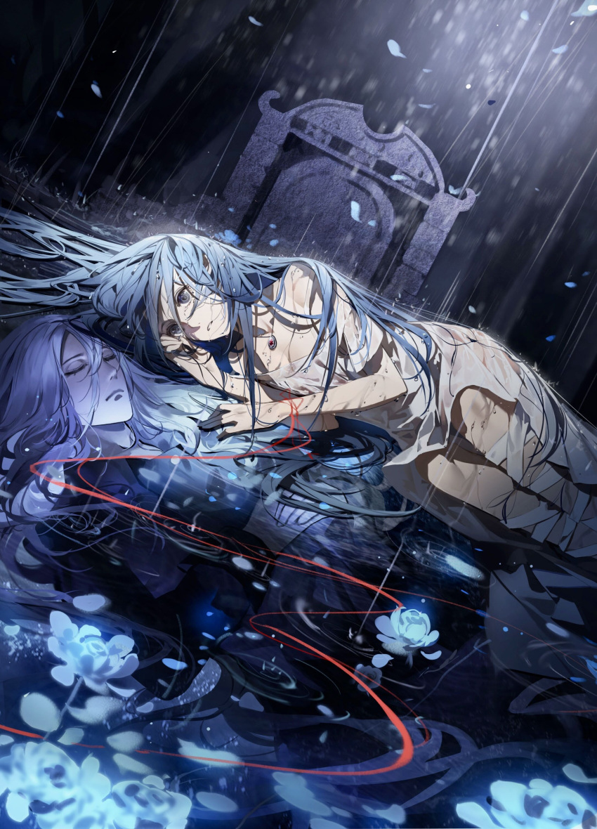 1boy 1girl absurdres artist_request bandaged_leg bandages cang_yue_(tou_xing_jiuyue_tian) dark different_reflection dress flower grey_eyes highres jewelry long_hair lotus lying necklace off-shoulder_dress off_shoulder on_side parted_lips reflection second-party_source string string_of_fate teeth tou_xing_jiuyue_tian upper_body wet wet_clothes wet_hair white_dress white_hair xuan_yue_(tou_xing_jiuyue_tian)