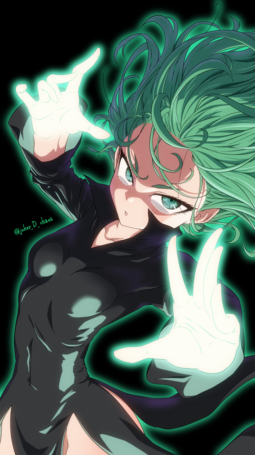 1girl absurdres aura black_background black_dress breasts curly_hair dress flipped_hair floating floating_clothes green_eyes green_hair highres joker_d_chaos levitation long_sleeves looking_at_viewer no_panties one-punch_man petite side_slit simple_background small_breasts solo tatsumaki telekinesis