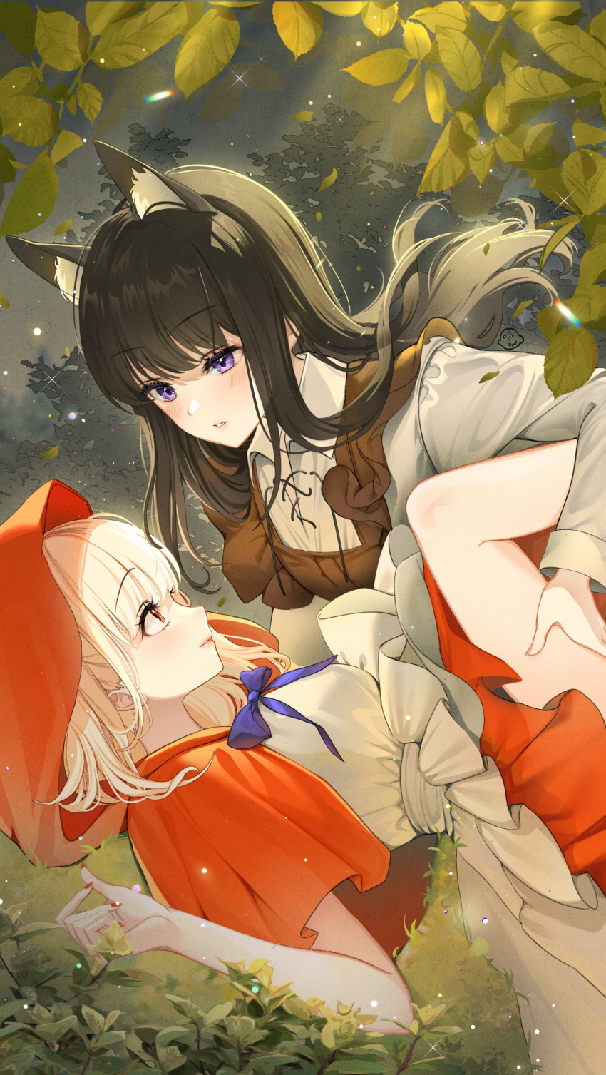 2girls alternate_costume animal_ears apron big_bad_wolf big_bad_wolf_(cosplay) black_hair blonde_hair blush bow bowtie breasts closed_mouth cosplay cropped_legs eyebrows_hidden_by_hair falling_leaves forest highres holding_another's_leg holding_another's_thighs hood hood_up hyeyoon_0205 inoue_takina knee_up lace-up lace-up_top leaf lipstick little_red_riding_hood long_bangs looking_at_another looking_down looking_up lycoris_recoil lying makeup multiple_girls nail_polish nature nishikigi_chisato on_back parted_lips pink_lips purple_eyes red_eyes thighs tree wolf wolf_ears wolf_girl