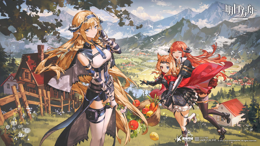 3girls archetto_(arknights) arknights bagpipe_(arknights) basket bird black_dress black_footwear black_jacket black_thighhighs blonde_hair blue_eyes boots breasts cape capelet carrot closed_mouth cloud company_name copyright_name dandelion dress elbow_gloves flower glomp gloves grass hair_tucking hairband heterochromia highres holding holding_flower holster house hug jacket libuqilai long_hair looking_at_viewer medium_breasts mountain multiple_girls official_art open_mouth orange_hair partially_fingerless_gloves petticoat pointy_ears potato red_eyes red_hair red_skirt saileach_(arknights) shirt skirt small_breasts smile standing strapless strapless_shirt thigh_holster thighhighs tomato tree white_footwear white_shirt white_thighhighs