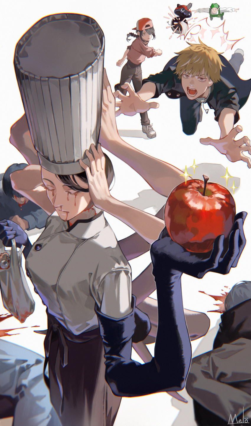 absurdres apron arthropod_limbs black_gloves black_hair blood blood_drip blood_from_eyes blood_from_mouth braid braided_ponytail breasts chainsaw_man chef chef_hat closed_eyes denji_(chainsaw_man) disembodied_head elbow_gloves extra_arms falling_devil_(chainsaw_man) flat_top_chef_hat fourth_east_high_school_uniform gloves hair_over_one_eye hat highres holding_head kyuuba_melo long_arms medium_hair multiple_girls nayuta_(chainsaw_man) nosebleed parody pochita_(chainsaw_man) pokemon ringed_eyes school_uniform severed_head short_hair sweater waist_apron white_background yellow_eyes