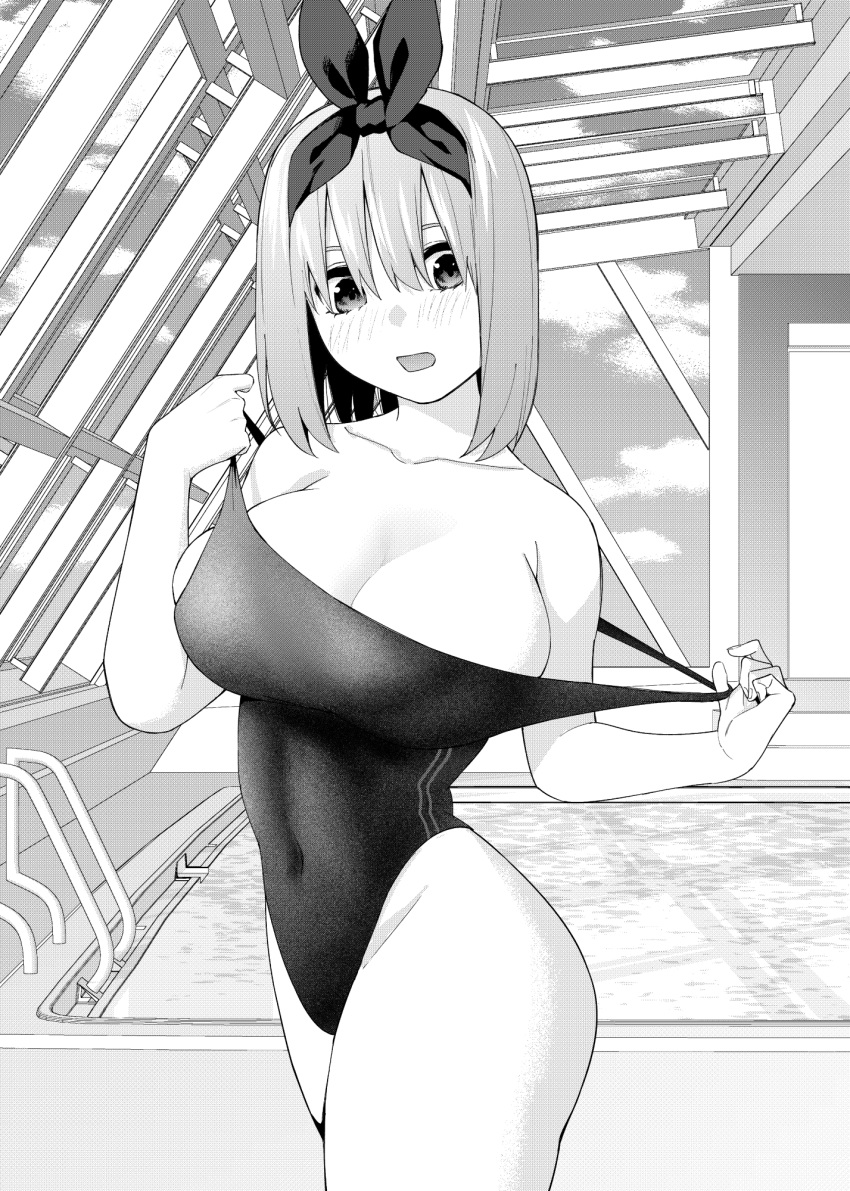 1girl blush bow breasts clothes_pull collarbone commentary_request competition_swimsuit covered_navel cowboy_shot go-toubun_no_hanayome greyscale hair_bow highres indoors kosmos_beta large_breasts looking_down medium_hair monochrome nakano_yotsuba one-piece_swimsuit one-piece_swimsuit_pull open_mouth paid_reward_available pool rei_no_pool solo swimsuit