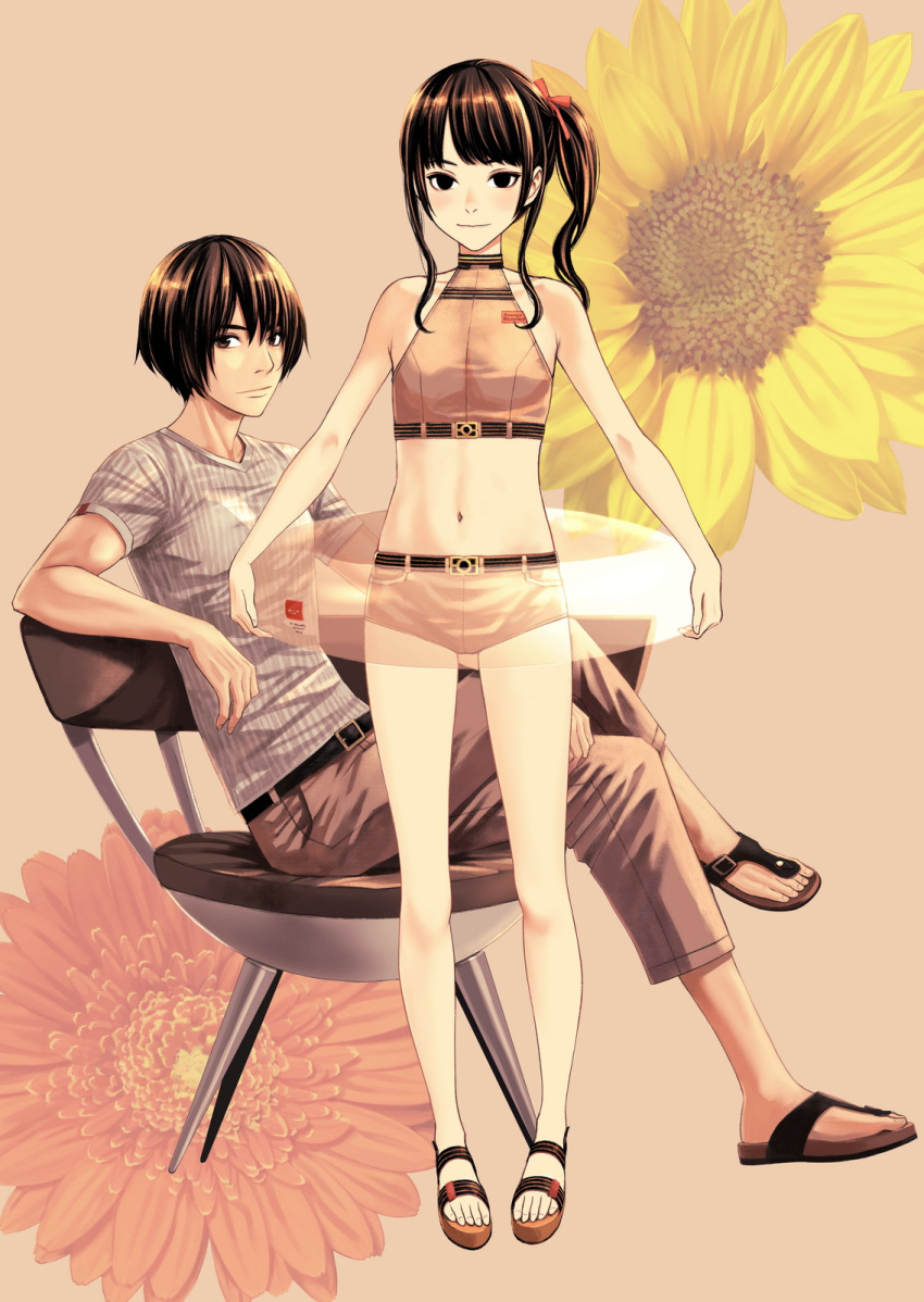 1boy 1girl bare_shoulders belt bikini bikini_shorts black_belt black_eyes black_hair blood_alone blush brown_background chair closed_mouth collarbone commentary_request flat_chest flower full_body hair_ribbon high_side_ponytail highres holding holding_innertube innertube kuroe_kurose light_smile long_hair looking_at_viewer misaki_minato navel on_chair pants pink_bikini red_ribbon ribbon sandals shirt short_hair short_hair_with_long_locks shorts sidelocks sitting standing stomach straight-on swimsuit t-shirt takano_masayuki transparent_innertube