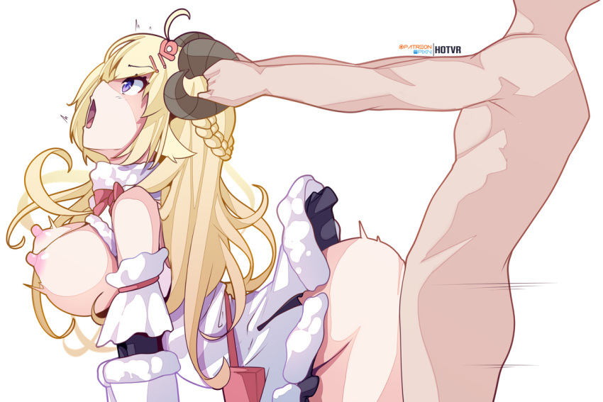 1boy 1girl ahoge bent_over blonde_hair breasts clothed_female_nude_male english_commentary from_side hetero hololive horn_grab horns hot_vr large_breasts long_hair nude purple_eyes sex sex_from_behind sheep_horns standing standing_sex tsunomaki_watame virtual_youtuber