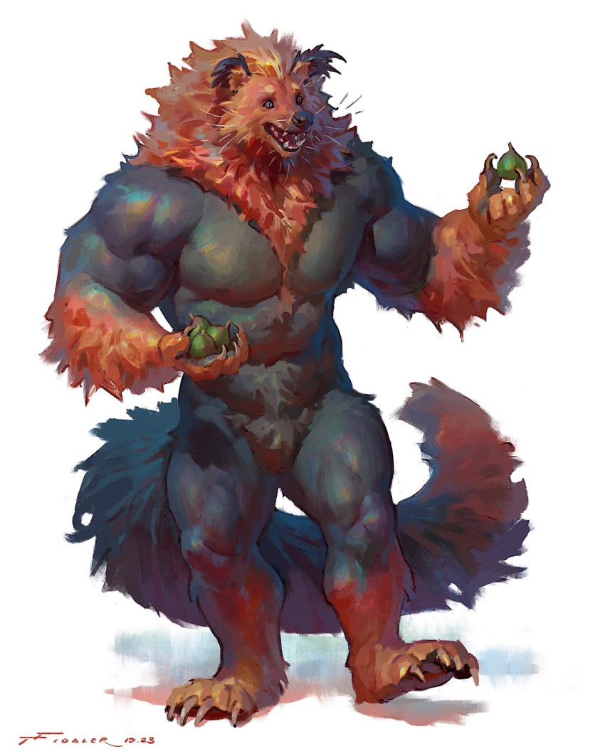 2023 abs anthro areola barazoku biceps biped crotch_tuft digital_media_(artwork) food fruit fur hi_res male mane muscular muscular_anthro muscular_male muscular_thighs nipples nude open_mouth open_smile pecs plant quads simple_background smile solo standing tail taran_fiddler teeth thick_thighs tongue tuft vein veiny_muscles vivverid were werebinturong werevivverid whiskers white_background