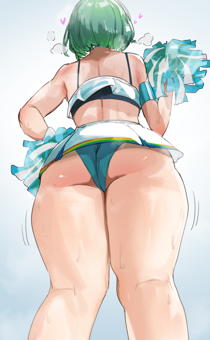 1girl ass bare_shoulders cheerleader crop_top from_behind from_below green_hair green_panties hand_on_own_hip heart highres i_kitsugi kitakoji_hisui kneepits microskirt midriff nijisanji panties pom_pom_(cheerleading) shirt short_hair skirt solo sweat thick_thighs thighs underwear white_shirt white_skirt