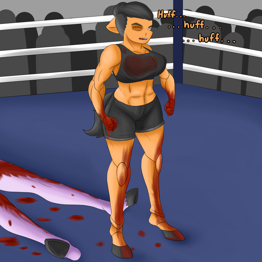 anthro arisenleaf black_hair blood bodily_fluids bottomwear boxing bra clothing duo english_text female fighting_ring fluffy_pony fur hair hi_res orange_body orange_fur purple_body purple_fur shorts sport sports_bra text underwear