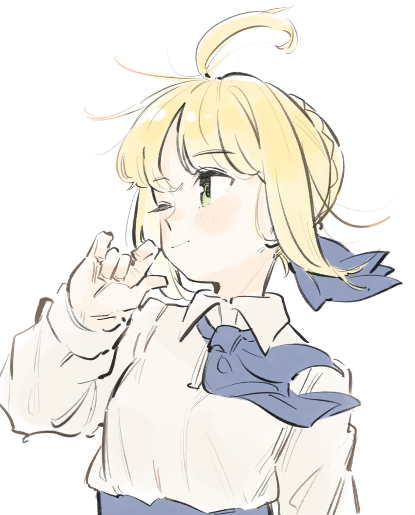 1girl ahoge artoria_pendragon_(fate) blonde_hair blue_ribbon blush collared_shirt fate/stay_night fate_(series) green_eyes hair_bun hair_ribbon highres long_sleeves looking_to_the_side neck_ribbon one_eye_closed ribbon saber shirt sidelocks simple_background sketch smile solo tenoo12 upper_body white_background white_shirt wind