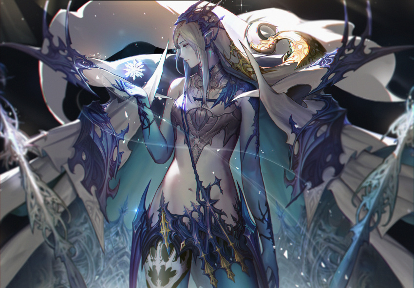 1girl cape final_fantasy final_fantasy_xvi frost grey_hair hand_up highres ice_crystal jill_warrick lcw961904412 looking_to_the_side open_hand pale_skin pointy_ears shiva_(final_fantasy) snowflakes solo tiara white_cape