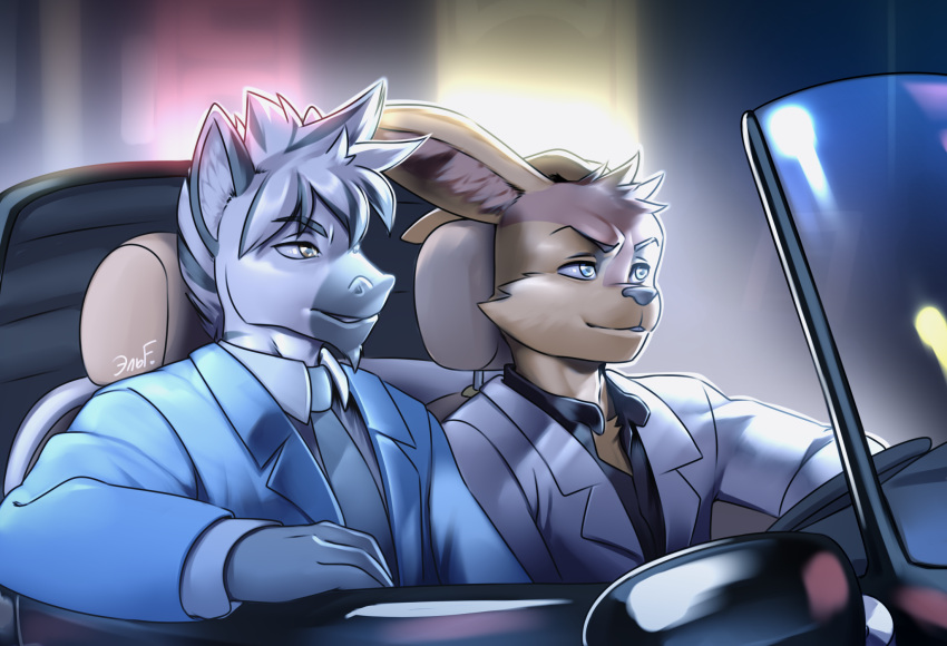 anthro black_car black_eyebrows black_nose black_tie_(suit) blue_clothing blue_suit blurred_background brown_body brown_fur brown_hair car chair clothing countershade_face countershade_neck countershading driving duo equid equine eyebrows fluffy_ears fur furniture grey_body grey_fur grey_hair hair hi_res humanoid_hands krazyelf lagomorph leaning leporid long_hair looking_away male mammal necktie noah_the_zebra prick_ears rabbit reflection riding ryland_the_hare short_hair sitting sitting_in_car smile snout steering_wheel suit vehicle white_body white_clothing white_fur white_hair white_suit windshield yellow_eyes zebra