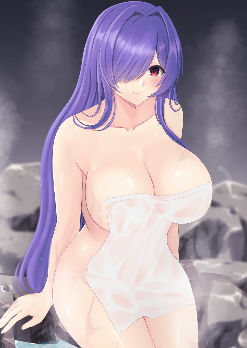 1girl absurdres azur_lane blush breasts cleavage closed_mouth collarbone covering hair_intakes hair_over_one_eye highres large_breasts long_hair looking_at_viewer nude_cover oja1226 onsen purple_hair red_eyes rock sitting smile solo steam towel trento_(azur_lane) water wet wet_towel