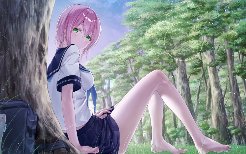1girl absurdres bag bangs barefoot blue_neckerchief blue_sailor_collar blue_skirt blush breasts closed_mouth highres looking_at_viewer meen_(ouaughikepdvrsf) neckerchief original outdoors pink_hair pleated_skirt sailor_collar school_bag school_uniform short_sleeves sitting skirt smile solo tree