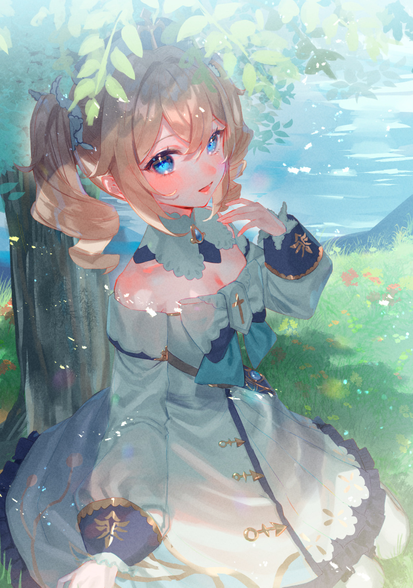 1girl absurdres barbara_(genshin_impact) blonde_hair blue_eyes breasts cleavage commentary_request dress drill_hair full_body genshin_impact hand_up harushio highres long_hair long_sleeves looking_at_viewer off-shoulder_dress off_shoulder open_mouth outdoors seiza sitting smile solo twintails water white_dress white_headwear