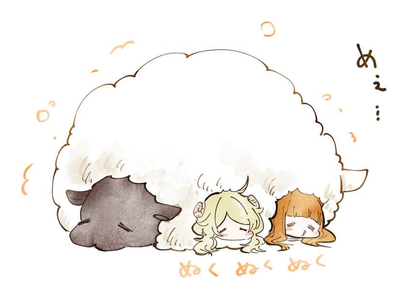 2girls =_= animal blonde_hair blunt_bangs blush_stickers closed_eyes highres ichihara_nina idolmaster idolmaster_cinderella_girls kyouno multiple_girls orange_hair oversized_animal sheep simple_background sleeping yusa_kozue