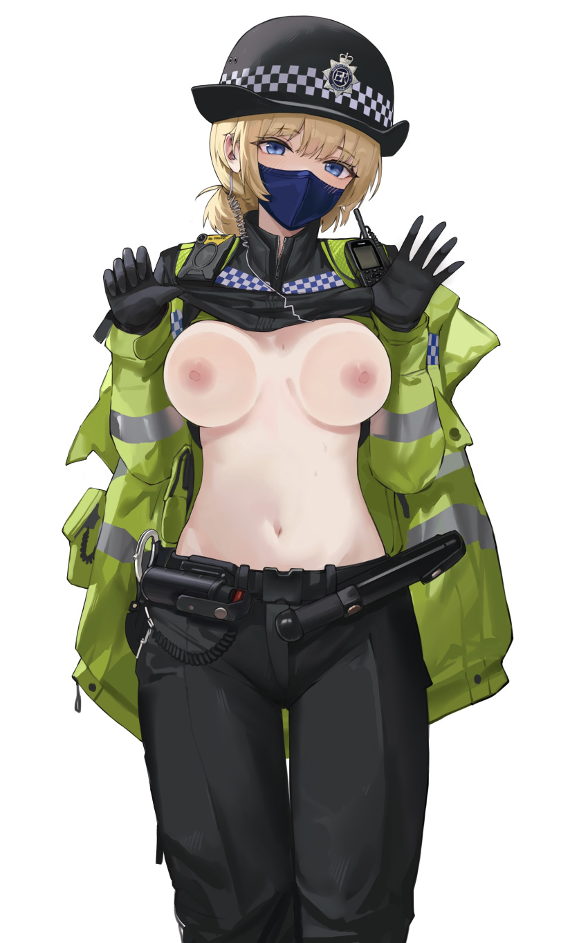 1girl absurdres against_fourth_wall black_gloves black_shirt blonde_hair blue_eyes breast_press clothes_lift cuffs earpiece female_service_cap gloves handcuffs hat highres jacket lifted_by_self mask medium_hair mouth_mask nipples original pants police police_badge police_hat police_uniform policewoman sawkm shirt shirt_lift solo uniform walkie-talkie yellow_jacket