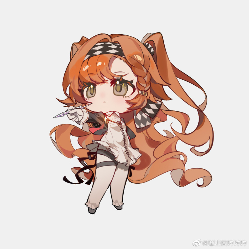 1girl braid brown_eyes checkered_hairband chibi closed_mouth dress full_body glass_pen gloves grey_background grey_cloak grey_footwear highres holding holding_pen long_hair looking_up migu_jun orange_hair outstretched_arm pants pen reverse:1999 side_braid solo sonetto_(reverse:1999) two_side_up weibo_logo weibo_username white_dress white_gloves white_pants