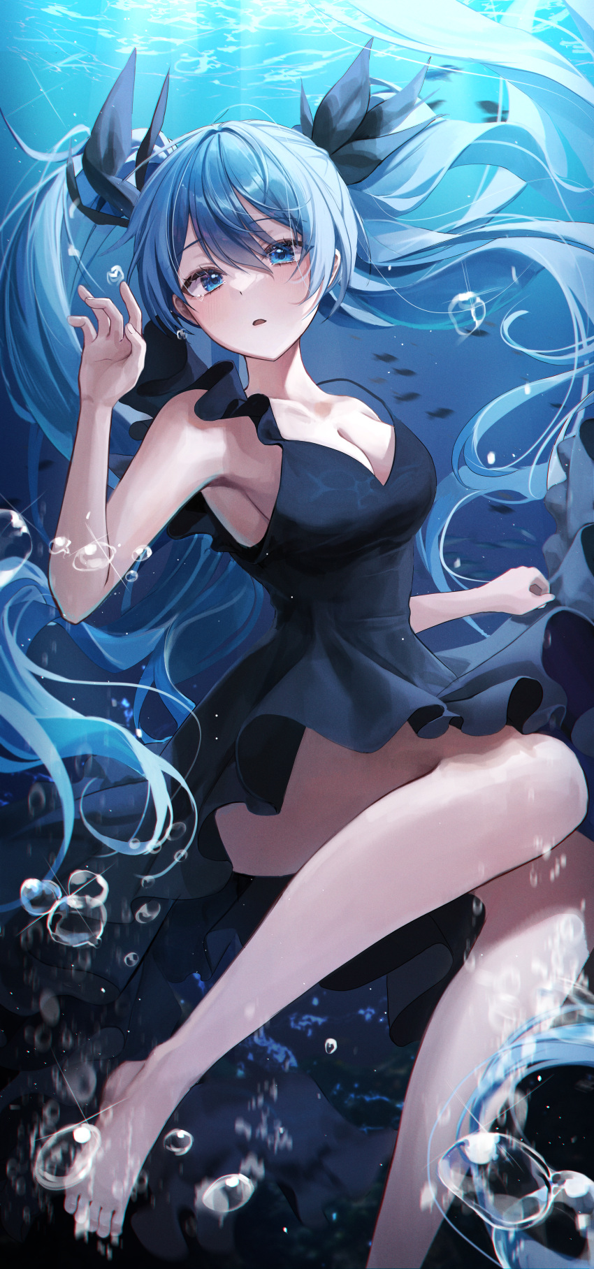 1girl absurdres air_bubble armpits bare_arms bare_legs bare_shoulders barefoot black_dress blue_eyes blue_hair breasts bubble cleavage convenient_leg dress feet floating_hair freediving frilled_dress frills hair_ribbon hand_up hatsune_miku highres large_breasts legs long_hair looking_at_viewer myowa open_mouth ribbon shinkai_shoujo_(vocaloid) sleeveless sleeveless_dress solo twintails underwater very_long_hair vocaloid water