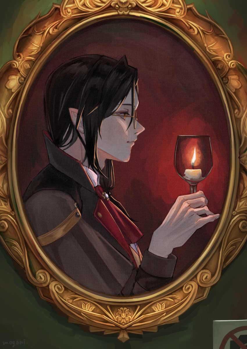 1boy absurdres ascot bishounen black_hair brown_coat brown_eyes candle closed_mouth coat cup drinking_glass eyelashes faux_traditional_media highres holding holding_cup long_hair long_sleeves male_focus monocle museum nijisanji picture_frame pointy_ears profile red_ascot shellin_burgundy shirt signature solo tebeneme3 vest white_shirt wine_glass