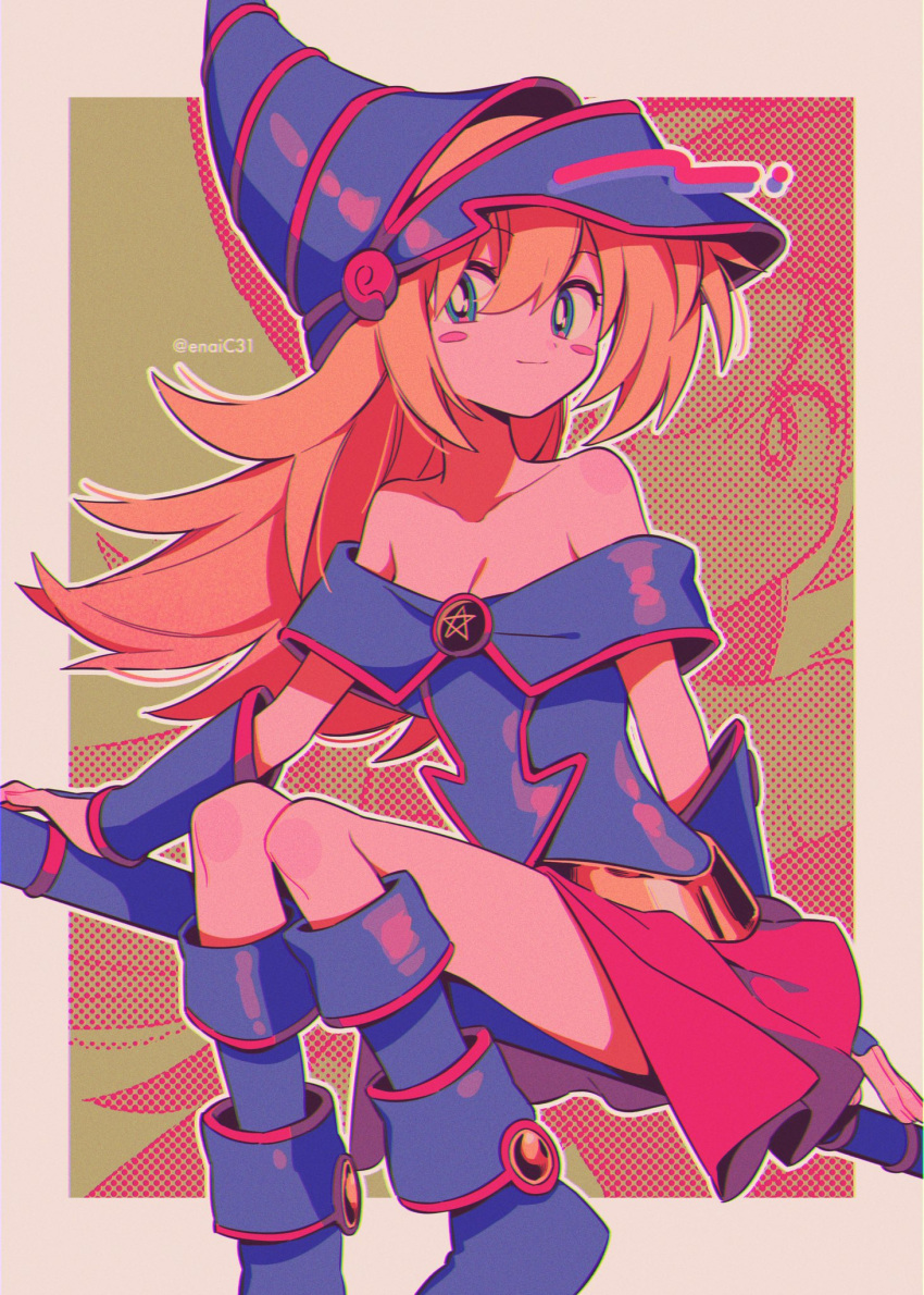1girl bare_shoulders blonde_hair blue_eyes blue_footwear blush_stickers boots border breasts bright_pupils cleavage closed_mouth collarbone dark_magician_girl detached_sleeves dot_nose duel_monster eyelashes hat highres long_hair menma_(enaic31) pentagram sitting staff staff_riding twitter_username white_border white_pupils wizard_hat yu-gi-oh! zoom_layer