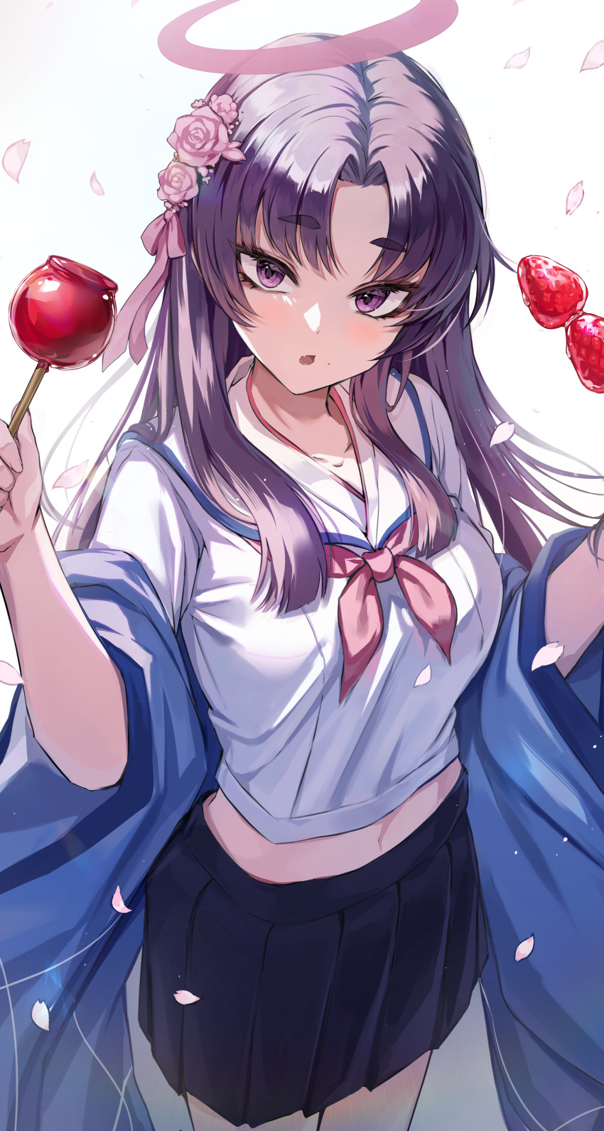 1girl absurdres black_skirt blue_archive blush breasts candy_apple collarbone cropped_shirt falling_petals flower food hair_flower hair_ornament halo haori highres japanese_clothes looking_at_viewer luzzi_(milllim) medium_breasts midriff navel parted_bangs petals pleated_skirt purple_eyes purple_hair school_uniform serafuku shirt skirt solo tanghulu white_shirt yukari_(blue_archive)