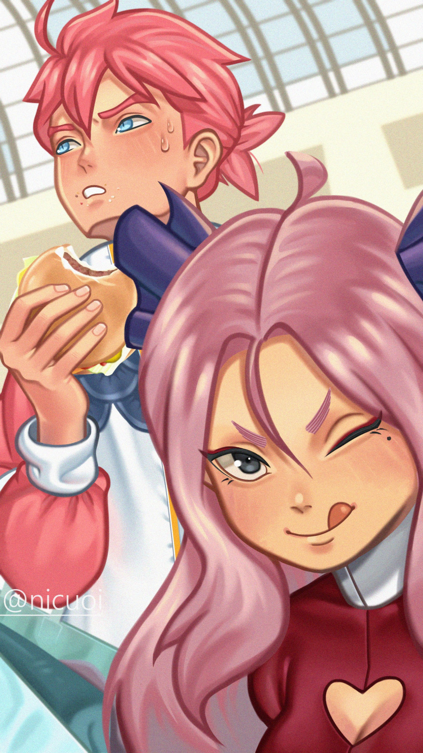 1boy 1girl absurdres black_eyes blue_eyes breasts burger cleavage cleavage_cutout clothing_cutout commentary food hair_between_eyes hair_ornament heart_cutout highres holding holding_food jacket long_hair medium_breasts mole mole_under_eye mole_under_mouth nicuoi one_eye_closed original pink_hair red_hair short_eyebrows short_ponytail sweat twitter_username white_jacket